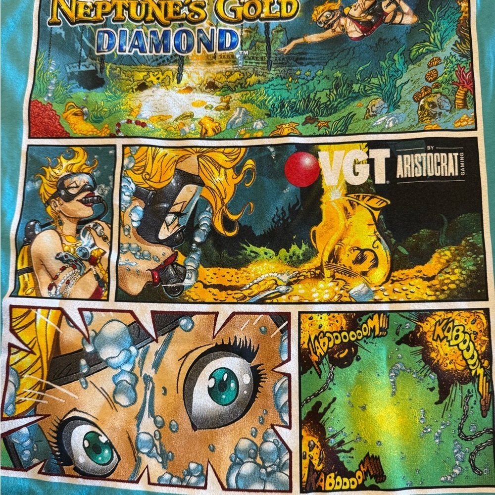 RARE VGT Hunt for Neptune Casino Slot Turquoise Graphic T-Shirt Sz L - Picture 9 of 12